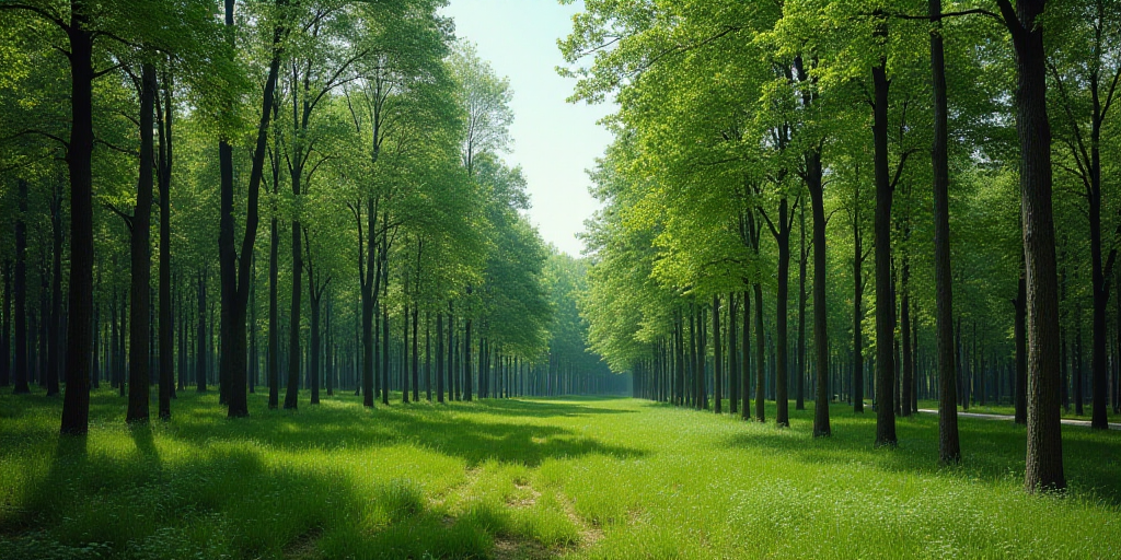 a large area of trees that are very tall and green in the middle of the day, with a few trees in the