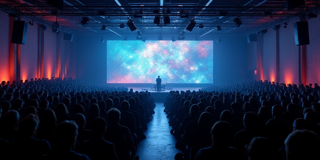 a large auditorium filled with people watching a presentation on a screen and a projector screen in