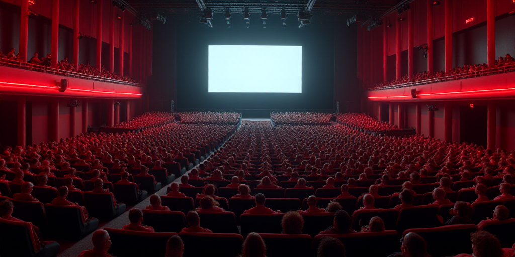 a large auditorium with a lot of people sitting in it and a screen on the wall above the seats, Arac