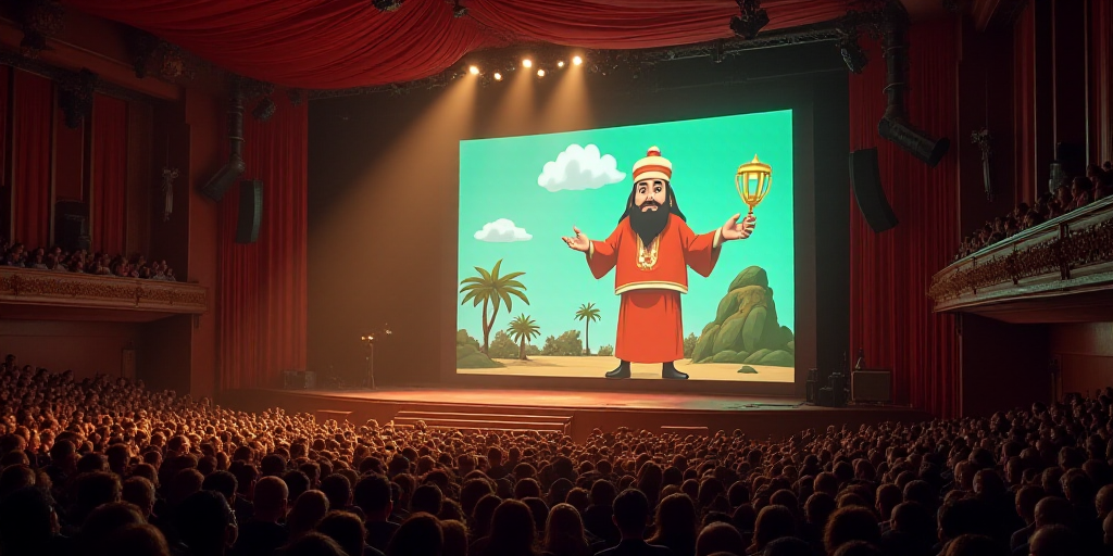 a large auditorium with a stage full of people and a projector screen with a cartoon character on it