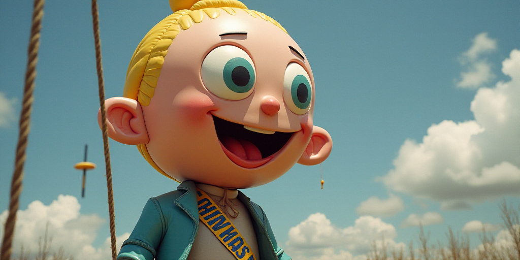 a large balloon with a smiling face and a sash around its neck, with a blue ribbon around its neck,