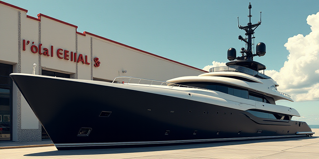 a large black and white boat sitting in front of a building with a sign that says l'oreal, Évariste