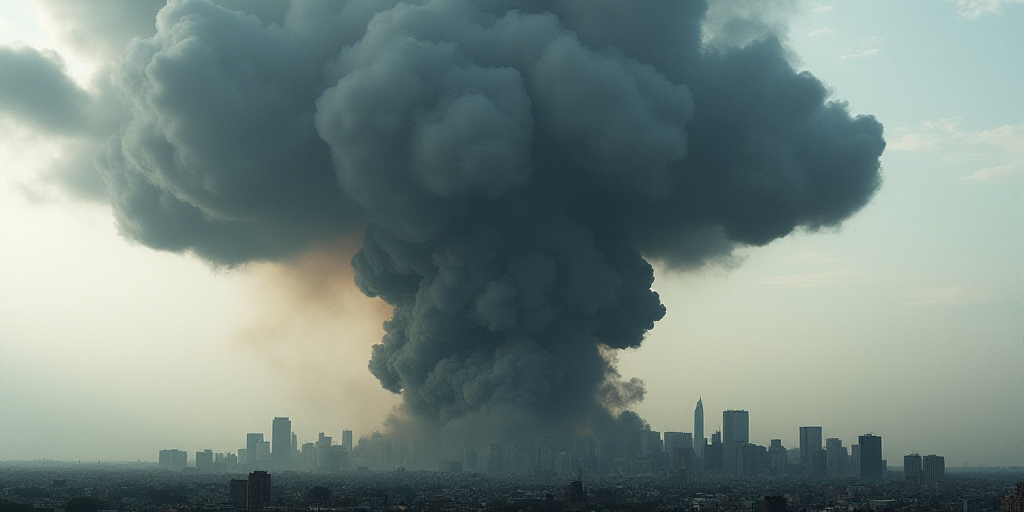 a large black cloud of smoke billows from a city skyline as it rises into the sky over a city, Andor
