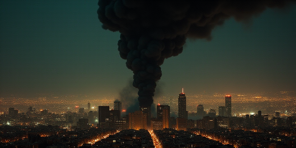 a large black smokestack billowing out of a city at night time with a city skyline in the background