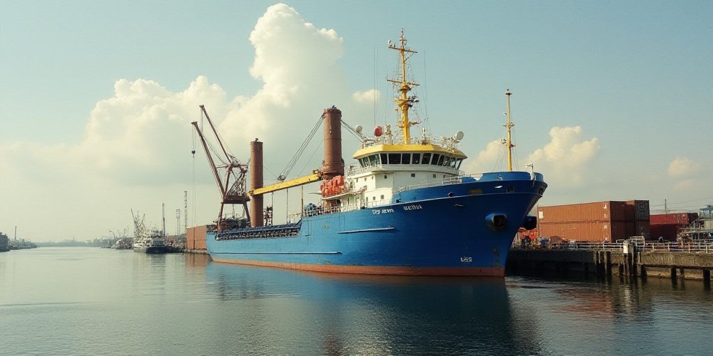 a large blue boat in the water near a dock with a crane on it's side and a large container on the ot