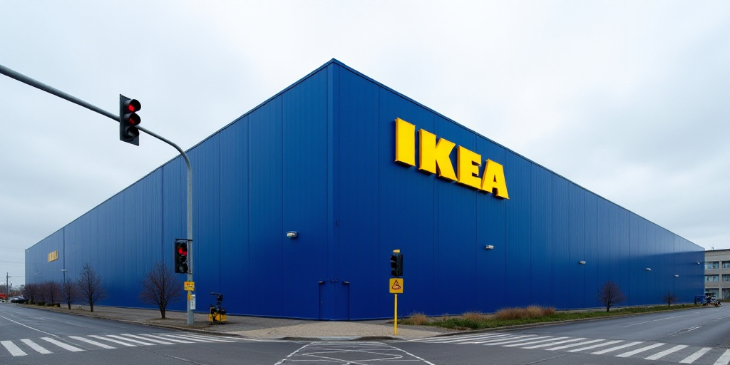 a large blue building with a yellow ikea sign on it's side and a traffic light in front of it, Anne