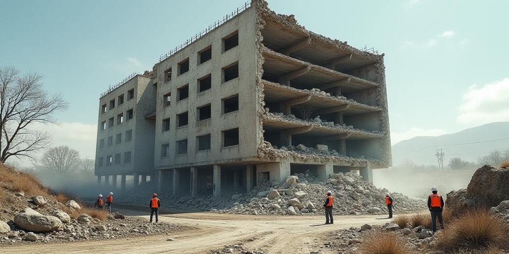 a large building that has been destroyed and is being demolished by construction workers and workers