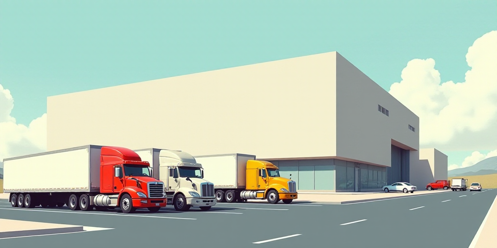 a large building with a bunch of trucks parked in front of it and a few cars parked in front of it,