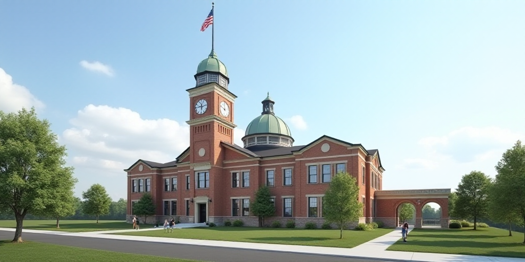 a large building with a dome and a clock on top of it's side tower and a flagpole, Arlington Nelson