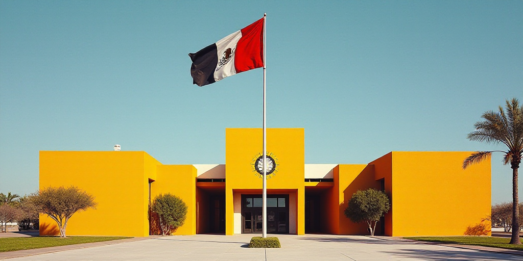a large building with a flag flying in front of it and a flag pole in the middle of the building, Da