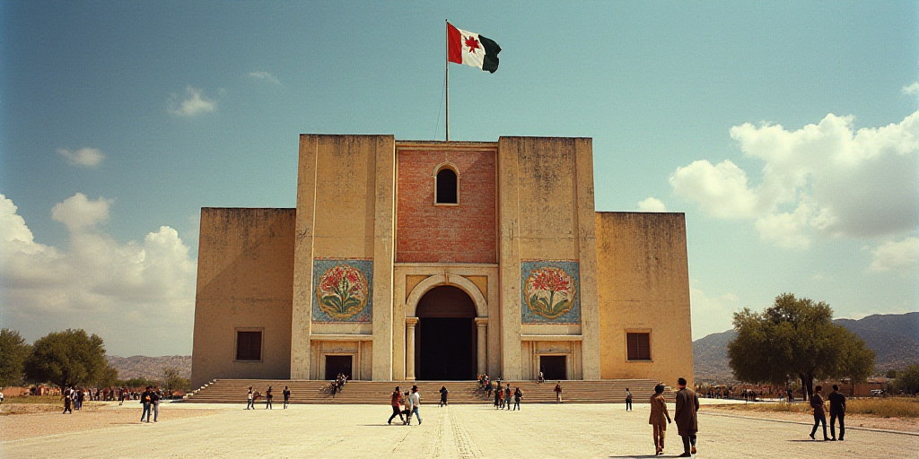a large building with a flag flying in front of it and people walking around it in front of it, Davi