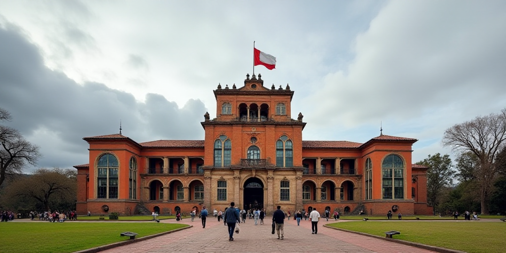 a large building with a flag on top of it and people walking around it on a cloudy day with a few cl
