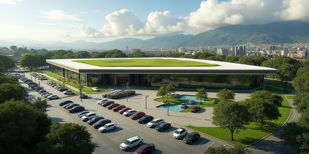 a large building with a green roof and a parking lot in front of it and a lot of cars parked in fron