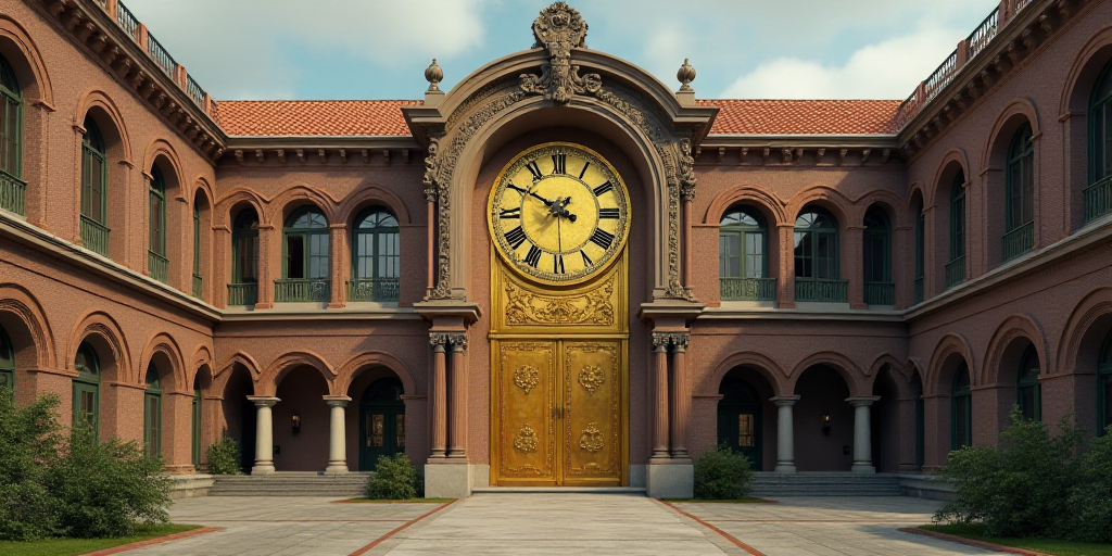 a large building with a large gold door and a clock on the front of it's face and windows, Enguerran