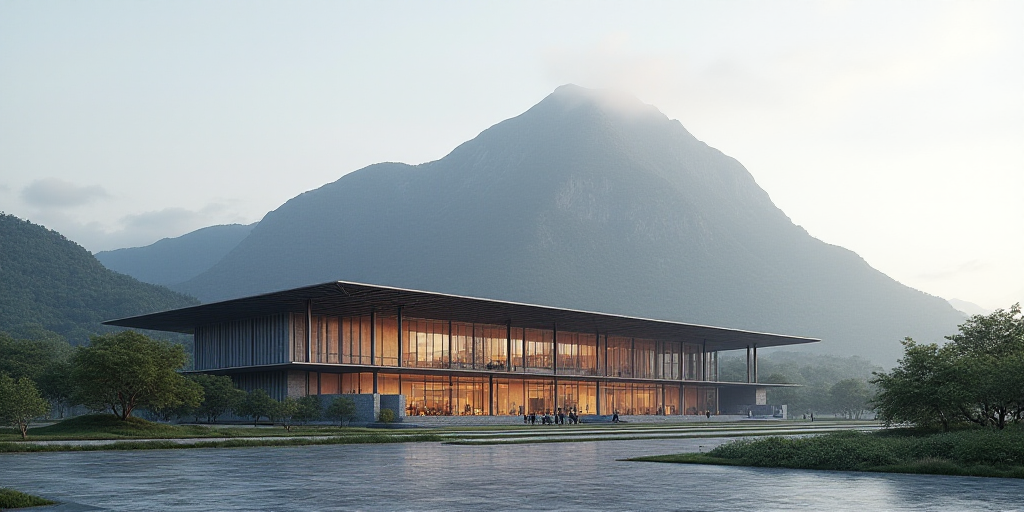 a large building with a large metal structure on top of it's roof and a mountain in the background,