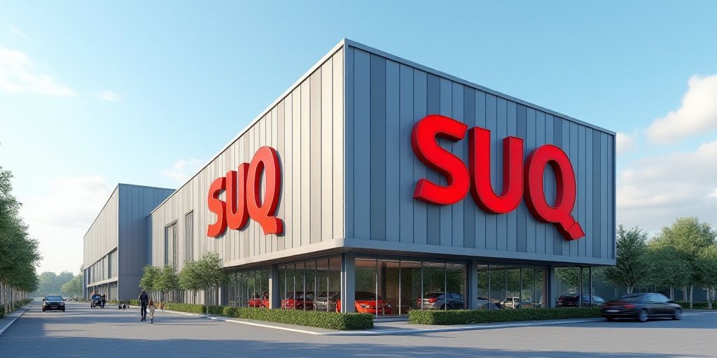 a large building with a large suq sign on it's side and a sky background behind it, Avgust Černigoj