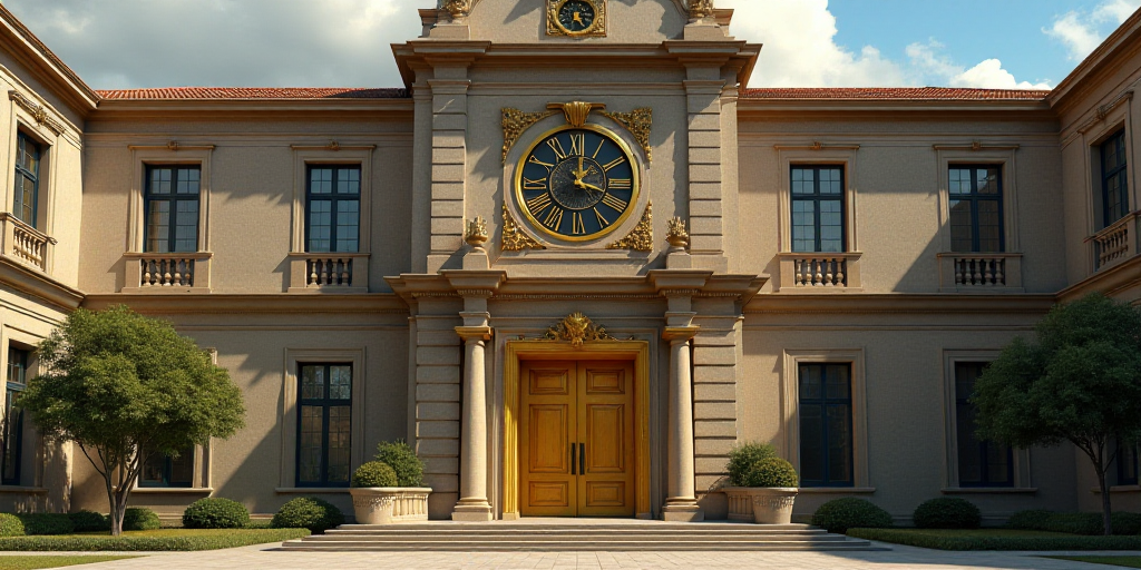 a large building with a large gold door and a clock on the front of it's face and windows, Enguerran