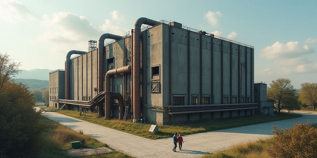 a large building with a lot of pipes and pipes on it's side and a few people standing around it, Cef