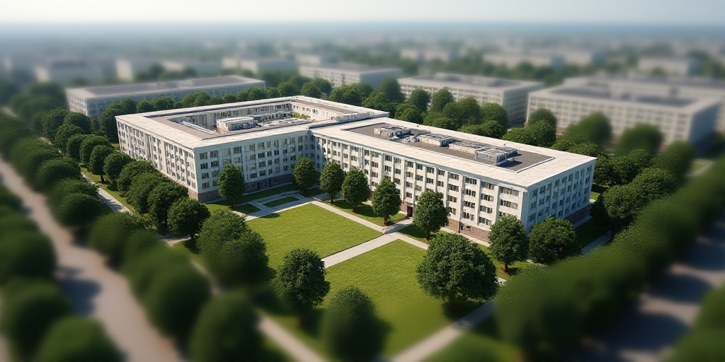 a large building with a lot of windows and trees in front of it and a lot of buildings around it, En