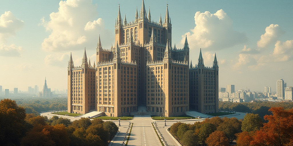 a large building with a lot of spires on top of it's sides and a city in the background, Andrey Yefi
