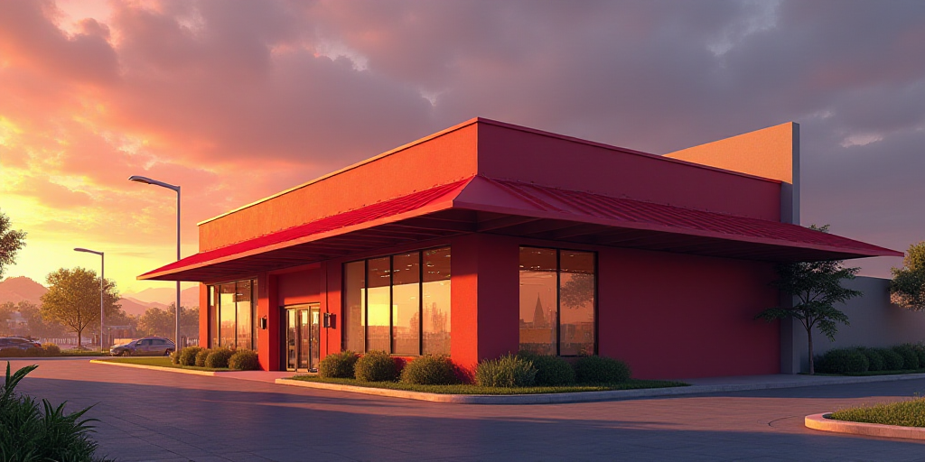 a large building with a red roof and a red awning on top of it at sunset or dawn, Estuardo Maldonado