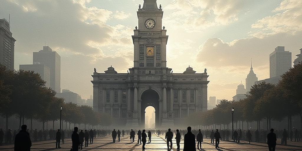 a large building with a tower that has a clock on it and people standing around it in a city, Bracha