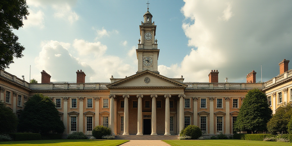 a large building with columns and a clock on the front of it's face and a clock tower in the backgro
