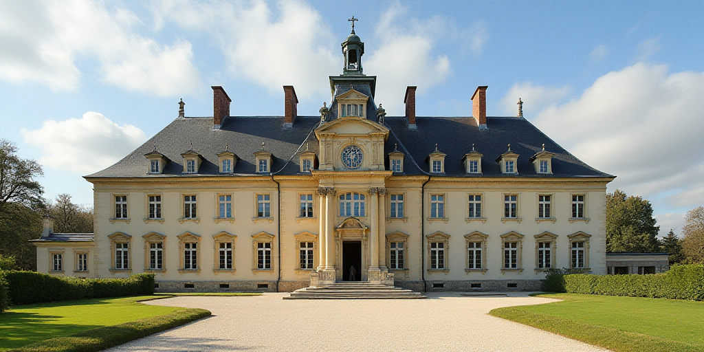 a large building with many windows and a clock on the top of it's face and a sky background, Enguerr