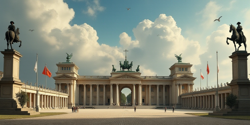 a large building with statues and flags on it's sides and a cloudy sky above it, with a statue of a