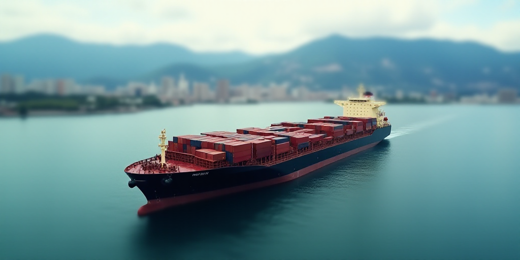 a large cargo ship in a large body of water next to a city and mountains in the background with a la