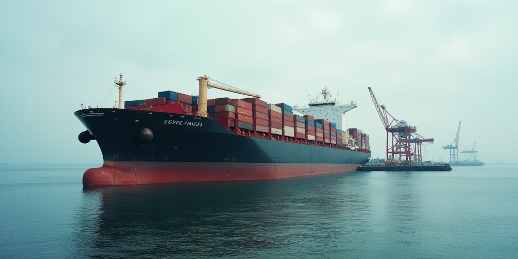 a large cargo ship loaded with containers at a dock in the ocean near a dock with a crane and a boat