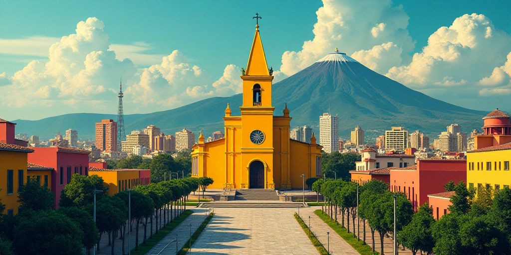 a large cathedral with a yellow steeple in the middle of a city with tall buildings and a mountain i