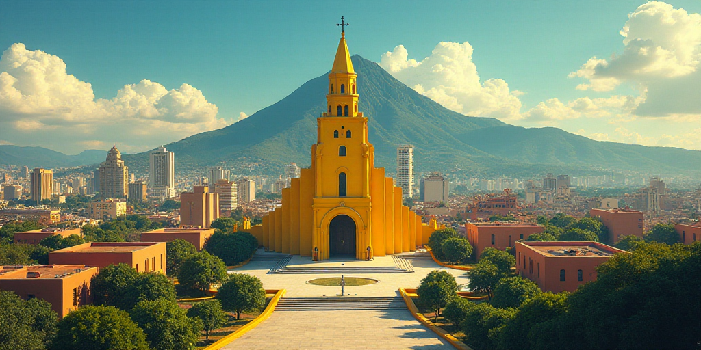 a large cathedral with a yellow steeple in the middle of a city with tall buildings and a mountain i