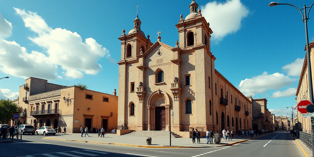 a large cathedral with two towers on a street corner with people walking around it and a blue sky wi