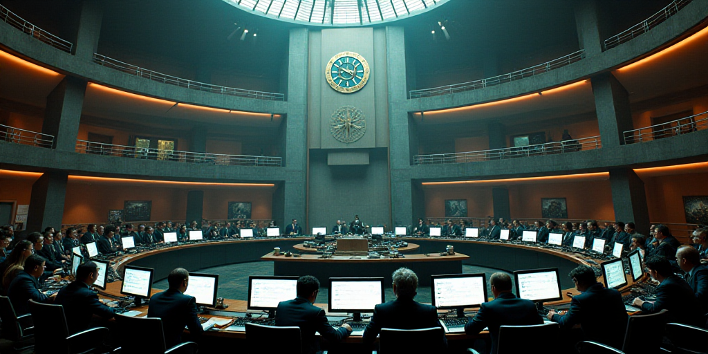 a large circular room with people sitting at tables and a clock on the wall above them is a large ci