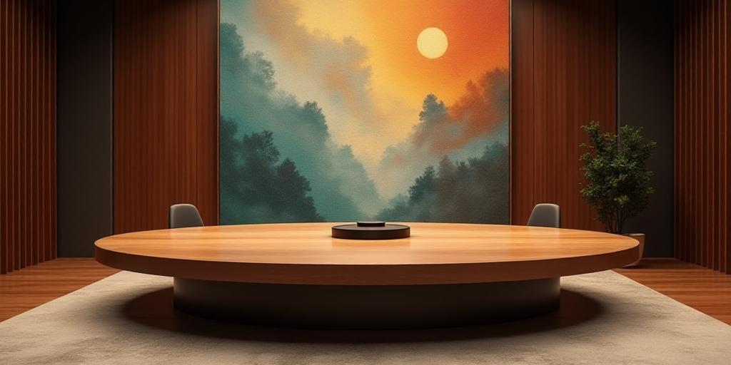a large circular table with a speaker in the middle of it and a large painting on the wall behind it