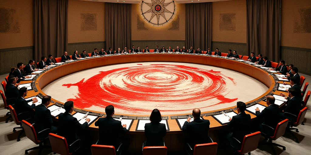 a large conference room with a circular table and a lot of people sitting at tables in front of them