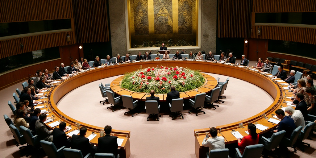 a large conference room with a large circular table with a wreath of flowers on it and people sittin