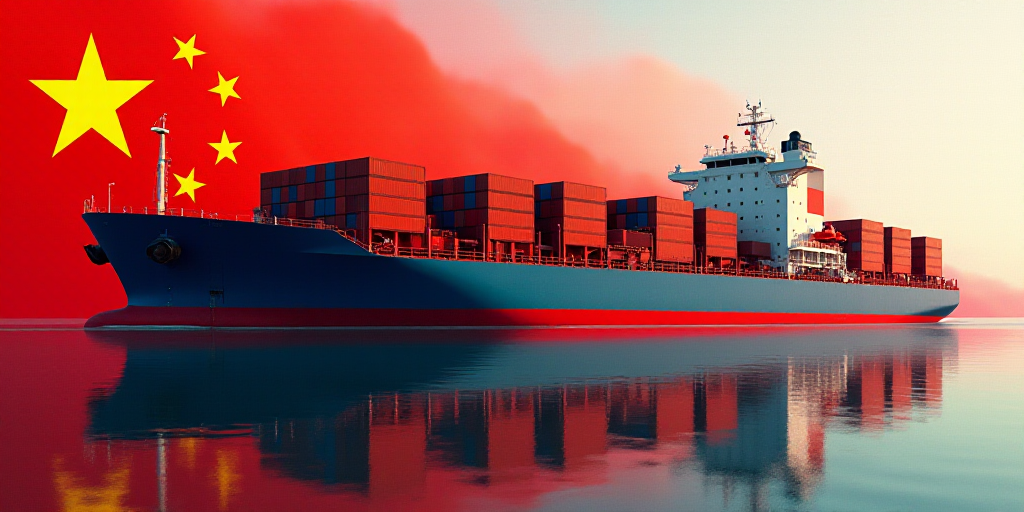 a large container ship with a flag in the background of it and a reflection of the flag of china, Ca