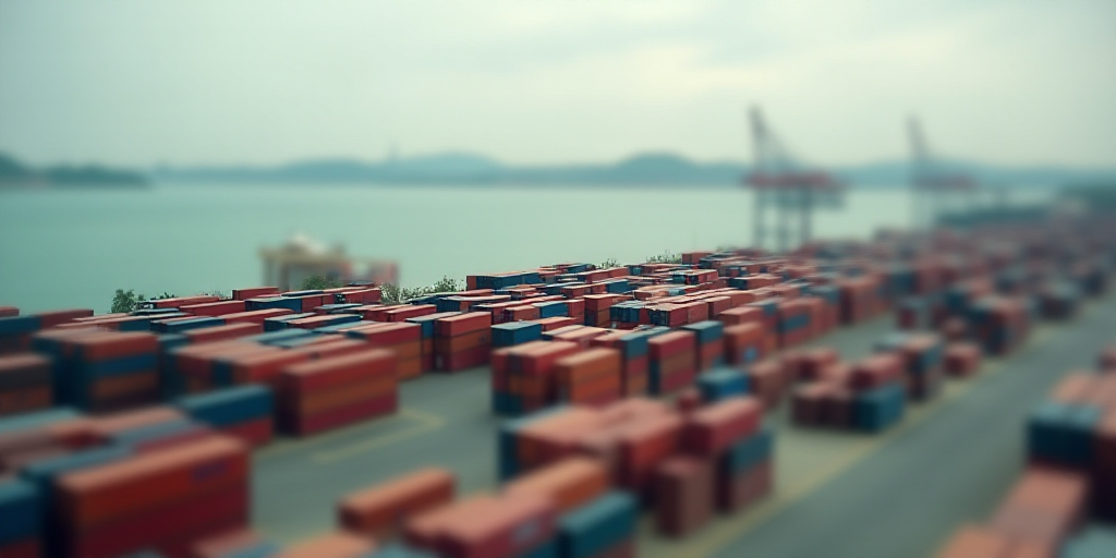 a large container yard with a lot of containers in it and a large body of water in the background, E