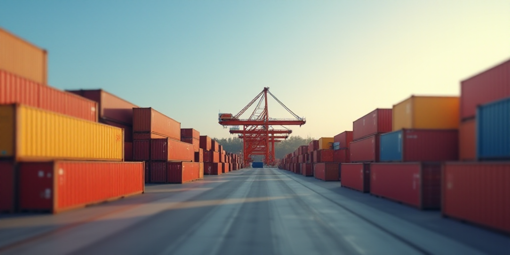 a large container yard with many containers stacked on top of it and a crane in the middle of the ya