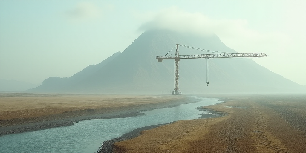 a large crane is in a large open area of land with a mountain in the background and a river running