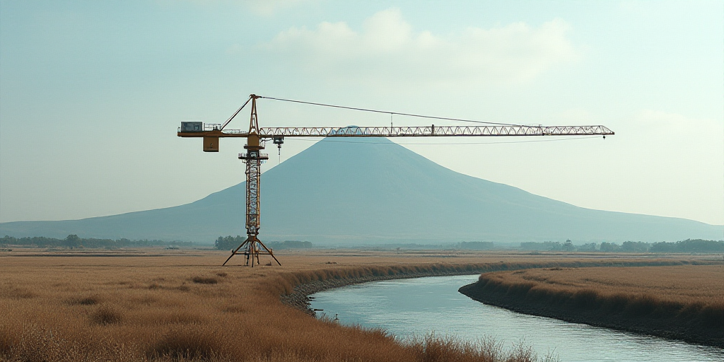 a large crane is in a large open area of land with a mountain in the background and a river running