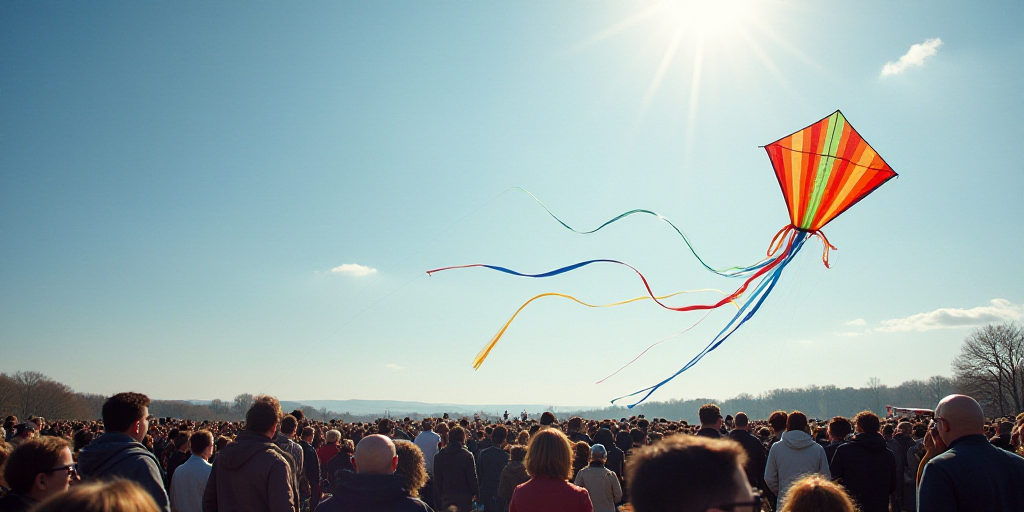 a large crowd of people are gathered together to watch a large rainbow kite fly through the air abov