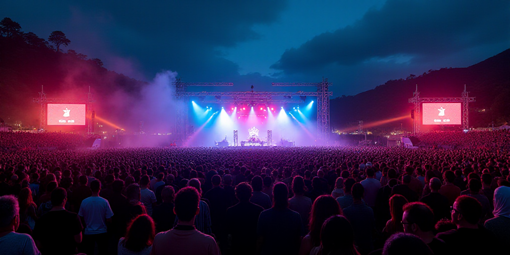 a large crowd of people at a concert with a stage and lights on it at night time with a large crowd