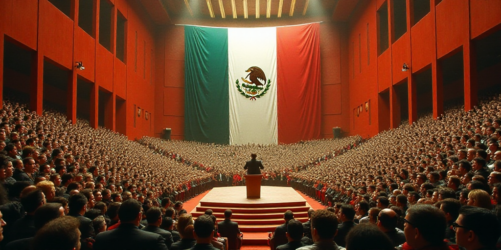 a large crowd of people in a large building with a flag on the wall and a stage with a podium, David