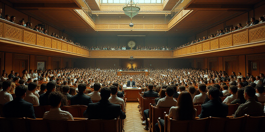 a large crowd of people sitting in a room with a speaker at the front of the room and a speaker at t