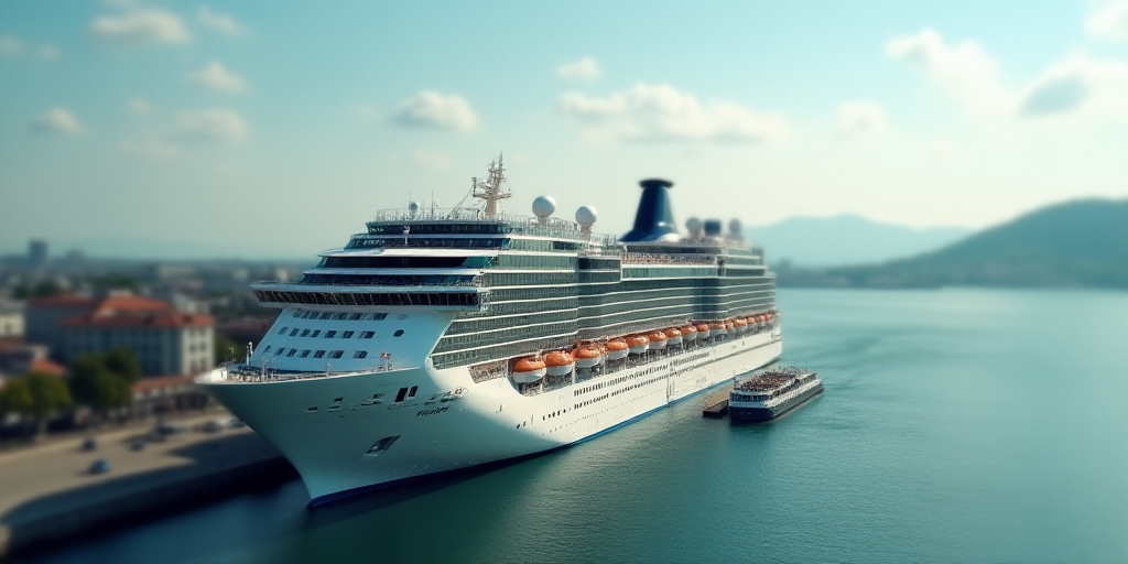 a large cruise ship docked at a pier with a dock in the foreground and a smaller boat in the backgro