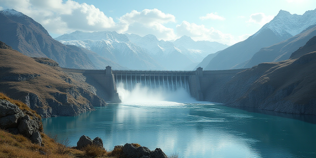 a large dam with water gushing out of it's sides and mountains in the background, with a lake in the