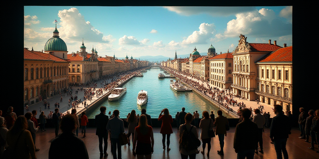 a large display of a city with a giant screen in the background and people standing around it lookin